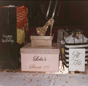 Rhinestone Card Box with sparkle stiletto heel or age plaque