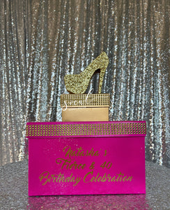 Rhinestone Card Box with sparkle stiletto heel or age plaque