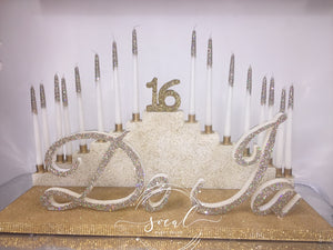 Step tiered Sweet 16, Quince or Mitzvah Candle lighting Ceremony Candelabra with glitter candles