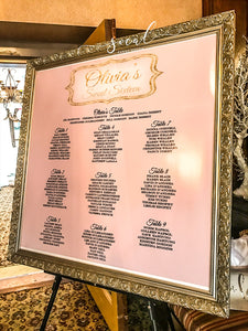 Framed Place card Seating Chart Board for Wedding, Sweet 16, Mitzvah, Quince or Birthday Party Sign in board or place card board