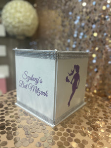 Rhinestone adorned large card box for Bat & Bar Mitzvah, Sweet 16 or Wedding with theme graphics!