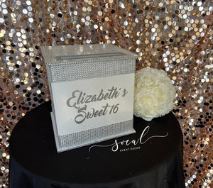 Rhinestone adorned large card box for Bat & Bar Mitzvah, Sweet 16 or Wedding with theme graphics!