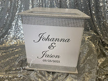 Load image into Gallery viewer, Rhinestone adorned large card box for Bat &amp; Bar Mitzvah, Sweet 16 or Wedding with theme graphics!

