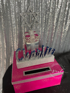 Bat Bar Mitzvah Card Box! GORGEOUS!! Rhinestone Tiara, Gift Box Stack topped with glittered Star of David!