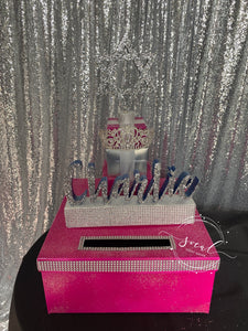 Bat Bar Mitzvah Card Box! GORGEOUS!! Rhinestone Tiara, Gift Box Stack topped with glittered Star of David!