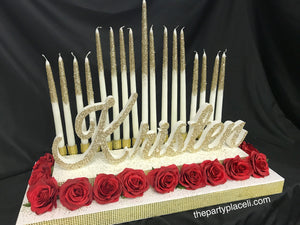 Sweet 16 Quince Candelabra Beauty and the beast, Alice in Wonderland, Masquerade Red Roses Theme