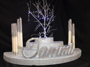 Lighted Manzanita Tree with hanging crystals Sweet 16 Round 4-Tiered Candle Lighting Candelabra