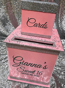 Gorgeous Custom Card Box - Two-Tiered with rhinestone tiara or glittered topper,  glitter lid and bling!